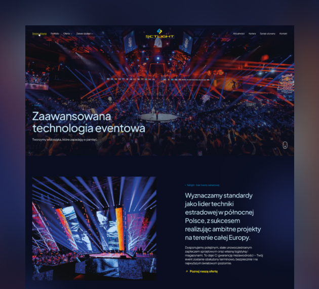 Projekt strony internetowej Setlight w wersji desktopowej - nowoczesny design portalu o technice eventowej