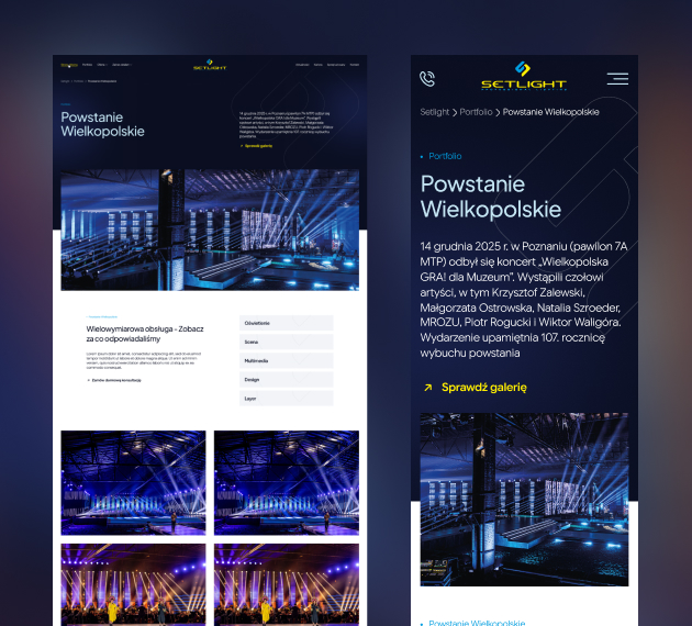 Widok desktopowy i mobilny portfolio firmy Setlight - technika eventowa